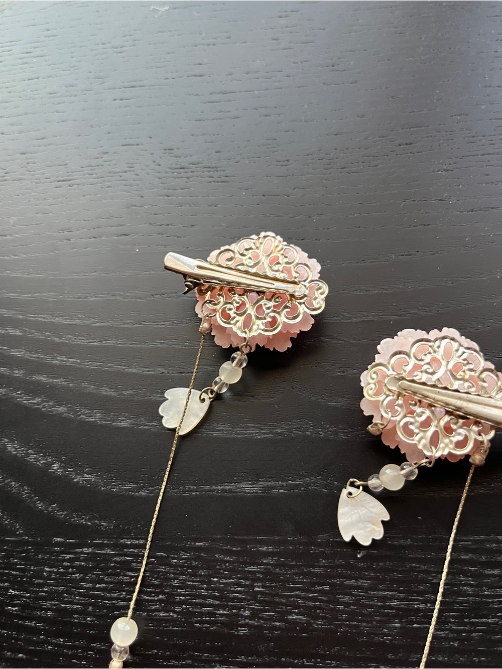 Pink Floral Tassel Hair Clips with Pearl and Teardrop Charms 2pc Set - Picture 5 of 15
